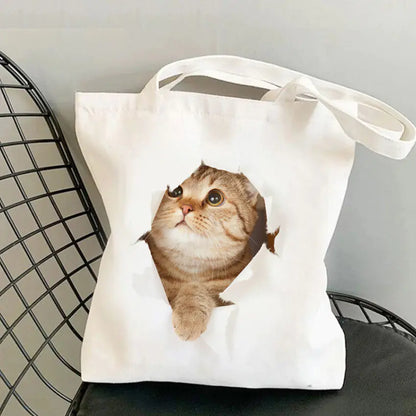Cat Print Canvas Shoulder Bag for Women