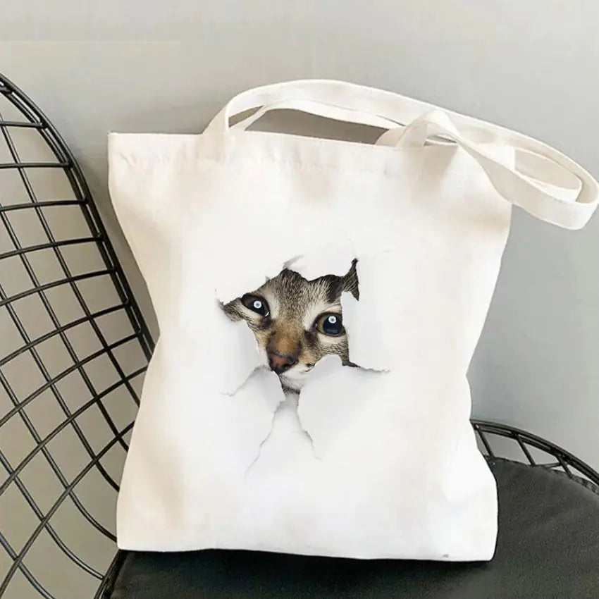Cat Print Canvas Shoulder Bag for Women