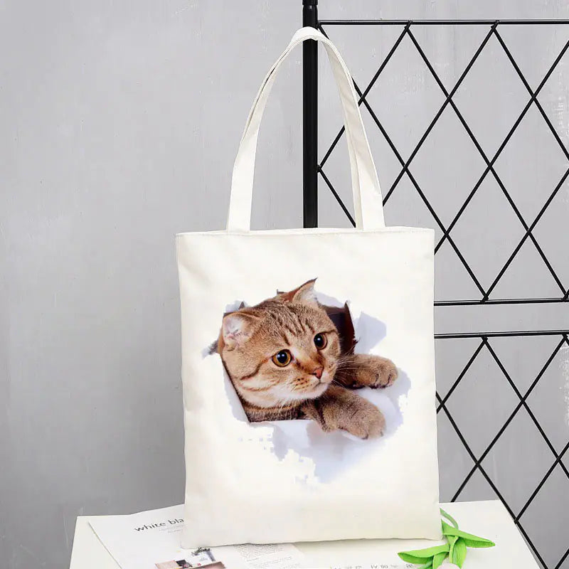 Cat Print Canvas Shoulder Bag for Women
