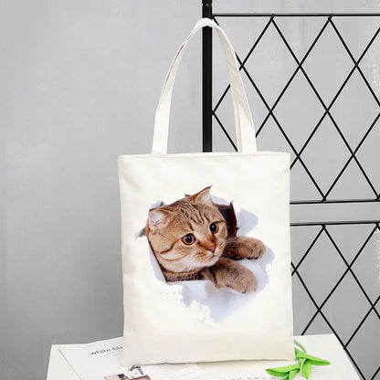 Cat Print Canvas Shoulder Bag for Women