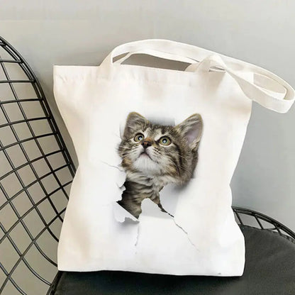 Cat Print Canvas Shoulder Bag for Women
