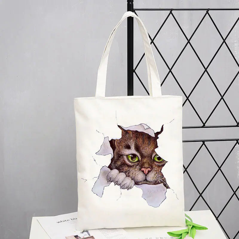 Cat Print Canvas Shoulder Bag for Women