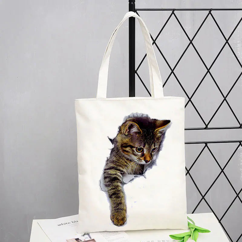 Cat Print Canvas Shoulder Bag for Women