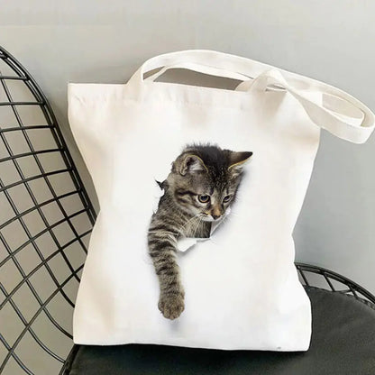 Cat Print Canvas Shoulder Bag for Women