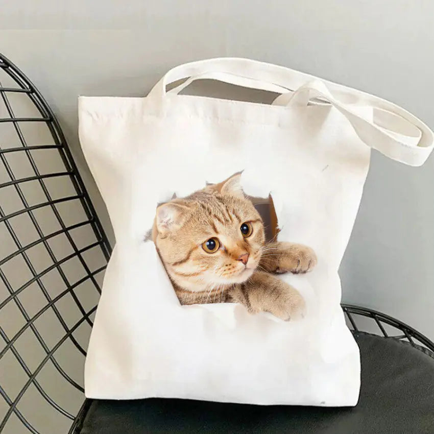 Cat Print Canvas Shoulder Bag for Women