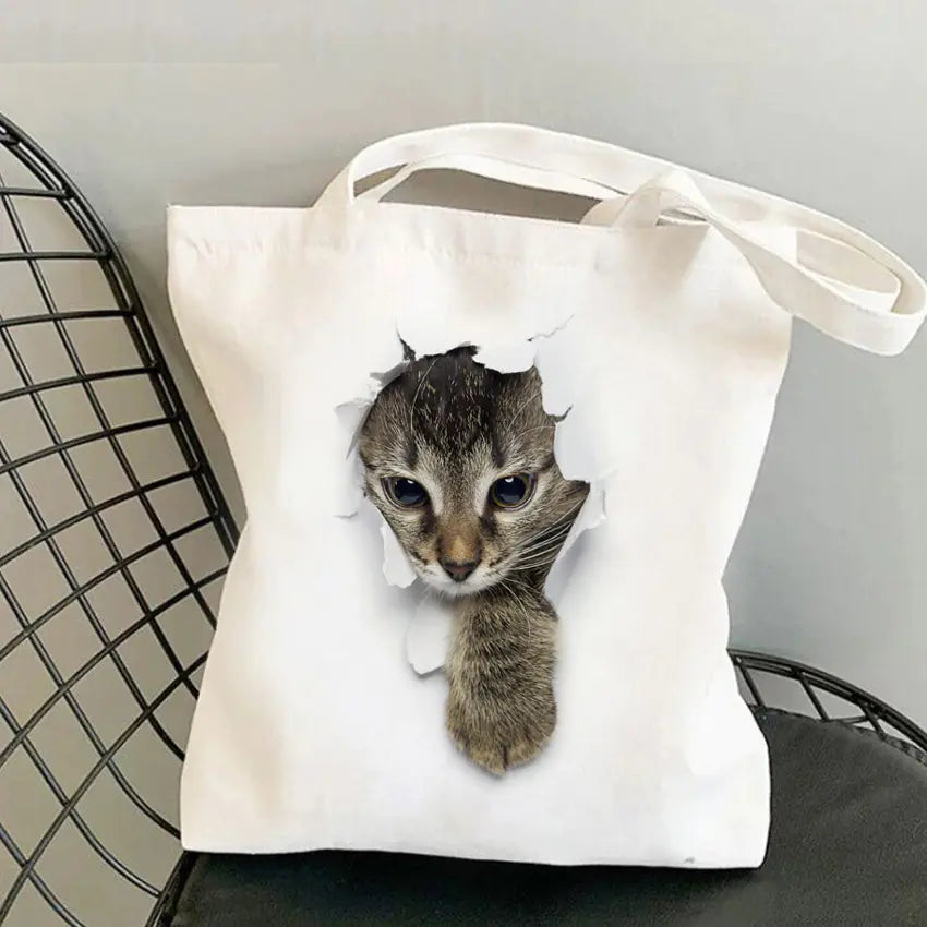 Cat Print Canvas Shoulder Bag for Women