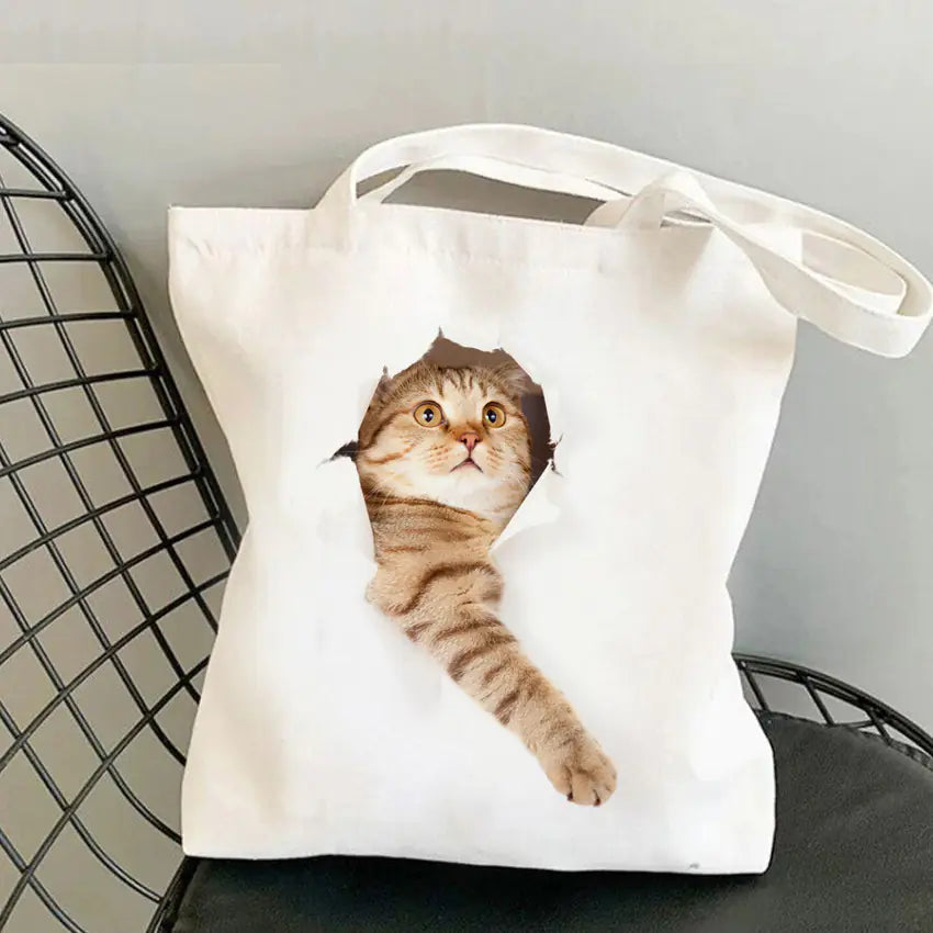 Cat Print Canvas Shoulder Bag for Women