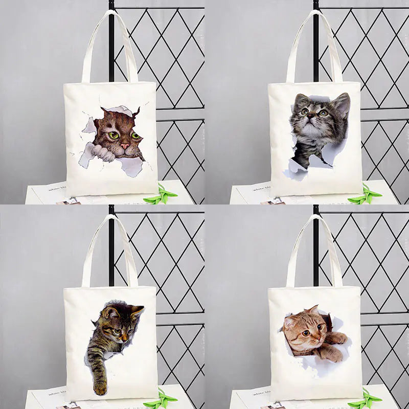 Cat Print Canvas Shoulder Bag for Women