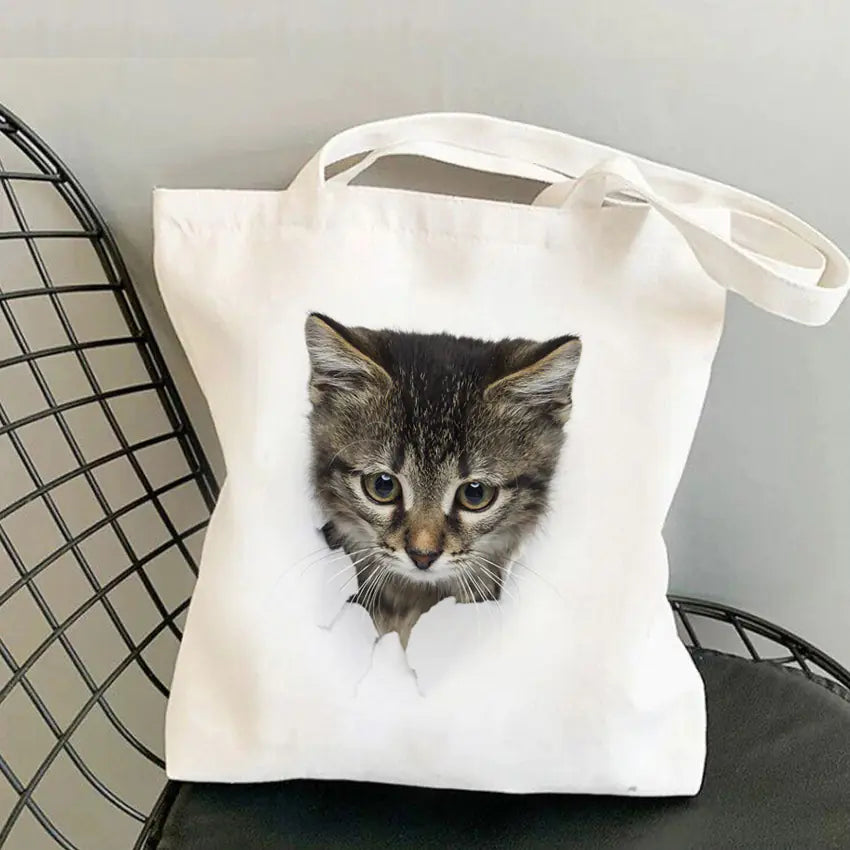 Cat Print Canvas Shoulder Bag for Women