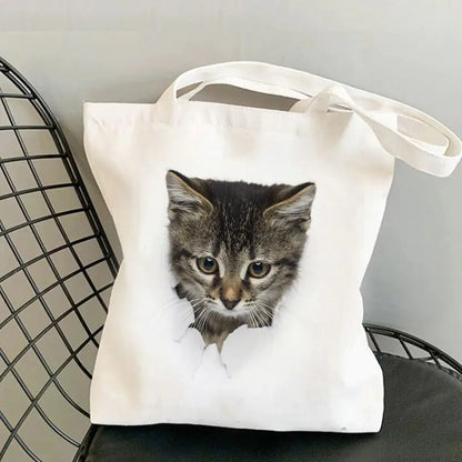 Cat Print Canvas Shoulder Bag for Women