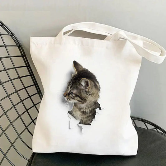 Cat Print Canvas Shoulder Bag for Women